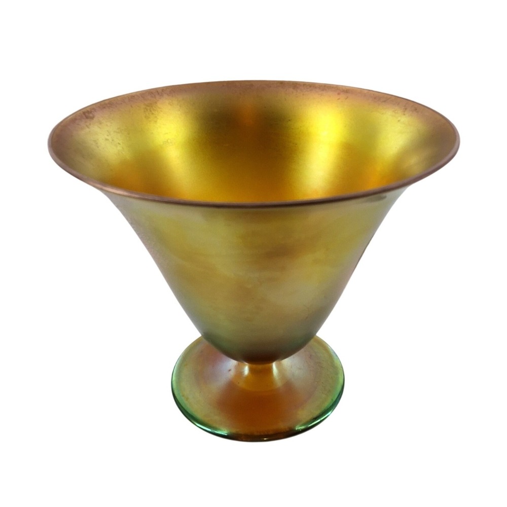 Steuben Aurene Gold Blue Iridescent Art Glass Compote Pedestal Bowl Vintage 5"